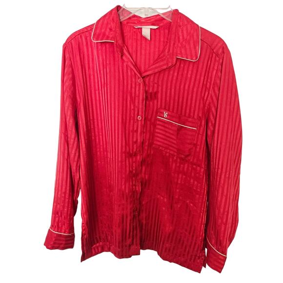 Victoria's Secret Red Striped Polyester Button Up Sleep Shirt Long Sleeve Small - Picture 1 of 6